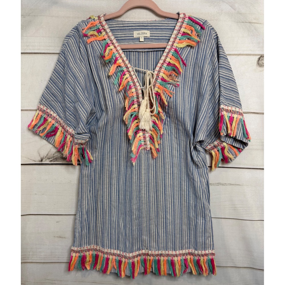 Velzera Womens‎ Blue White Striped Cotton Fringe Boho Tassel Tunic Top Small